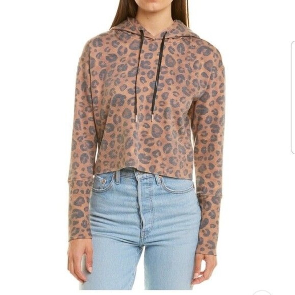 AR 33 womens Brown Coco Cheetah Cropped Hoodie Hooded Sweatshirt Top size XS